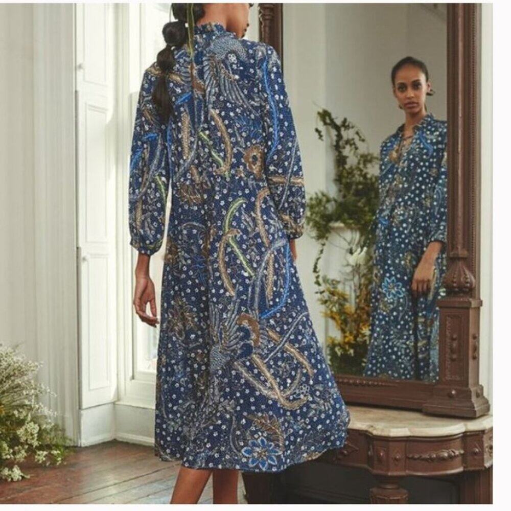 Cara Cara Tanglewood Dress Batik Blue Midi Cinch Waist  Tassels Sz S